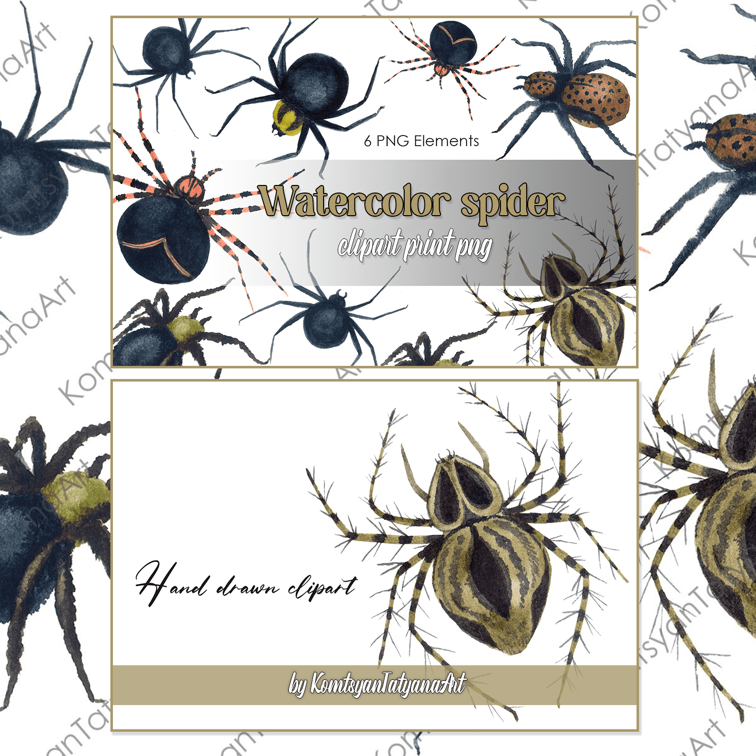 Watercolor spider clipart print png cover.