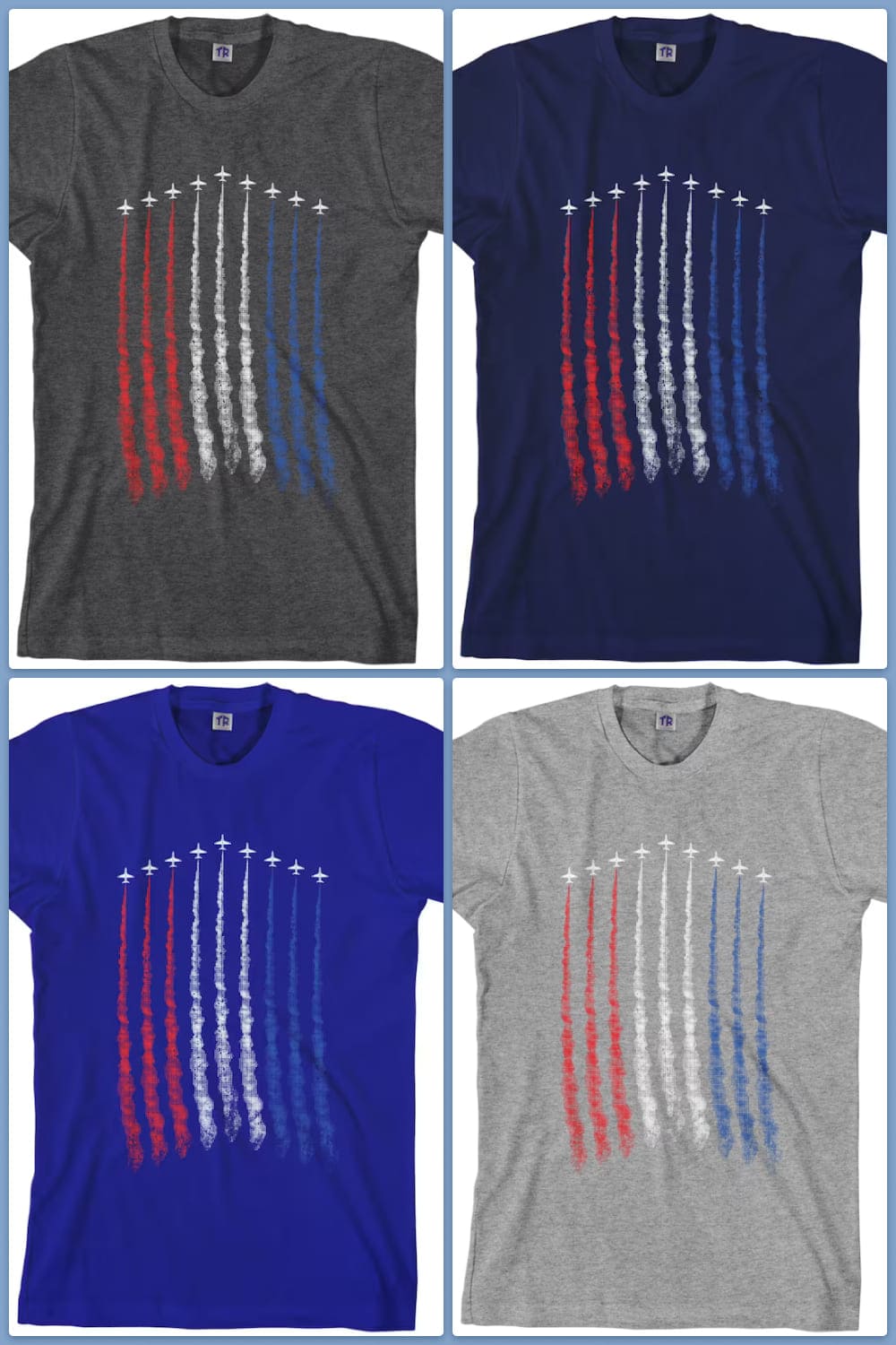 Collage of colorful t-shirts with aircraft formatio.