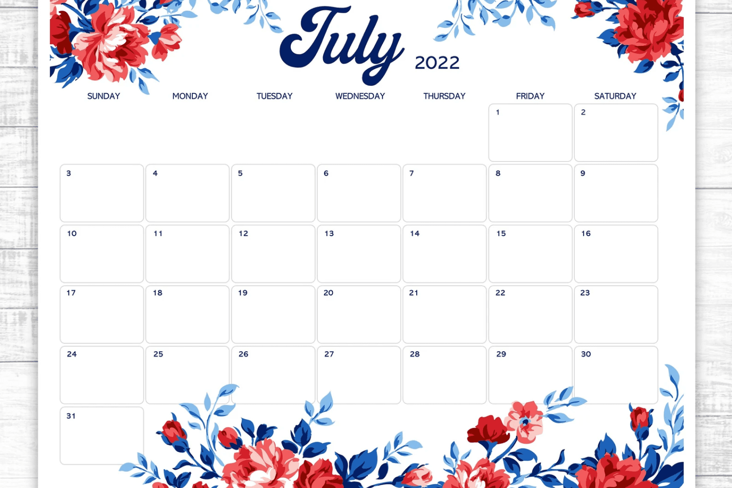 Calendar with flowers in red and blue colors.