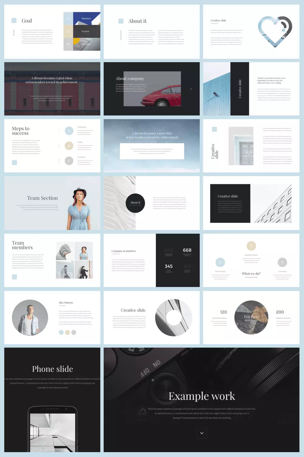Collage of presentation pages in soft colors with photos.