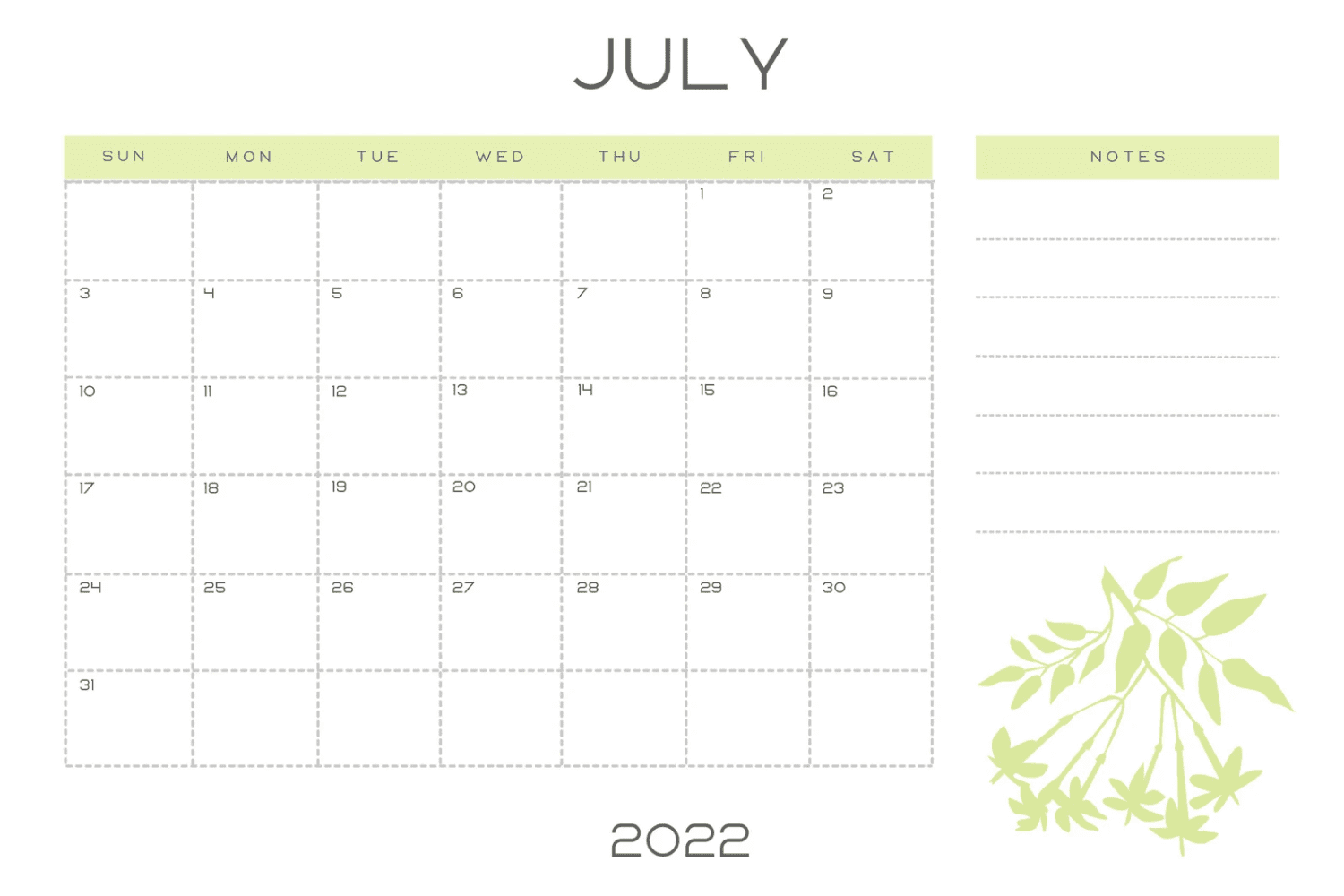 Calendar in light green color with a field for notes.