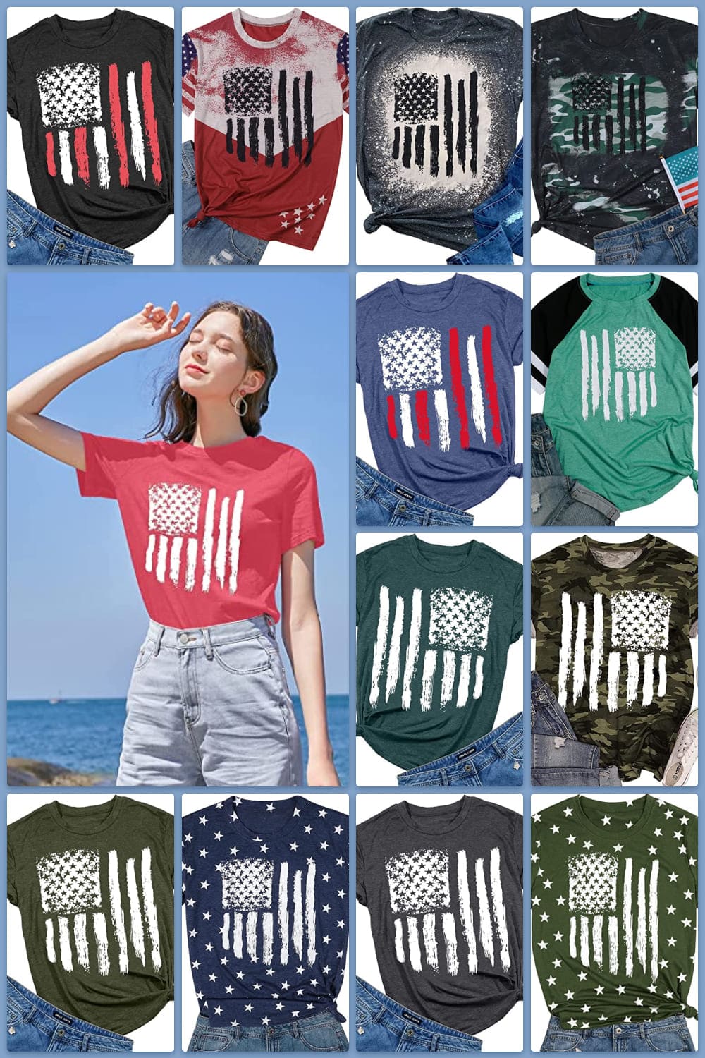 Collage of colorful t-shirts with a stylized flag.
