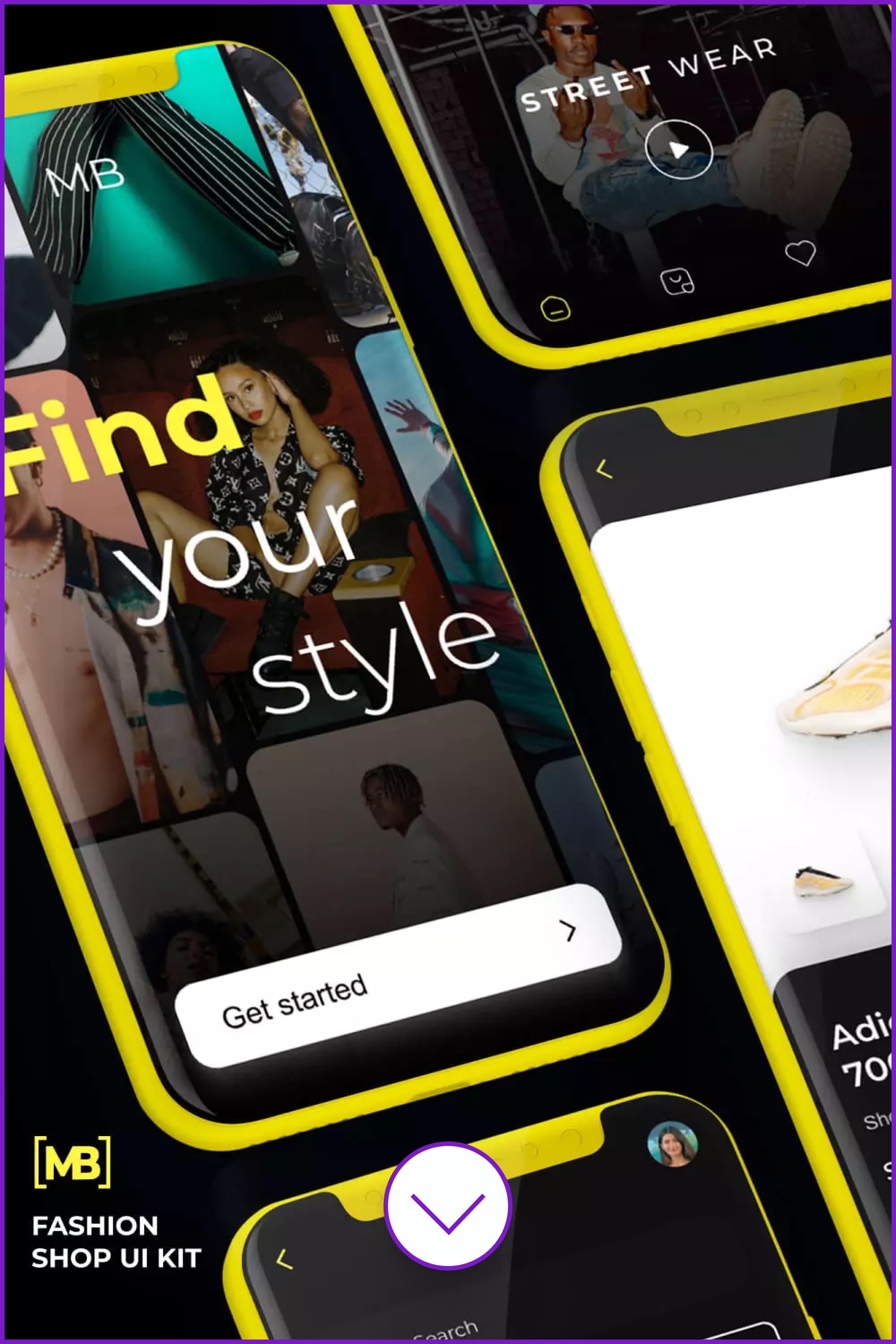 Screenshots of fashion app with dark and bright yellow color.