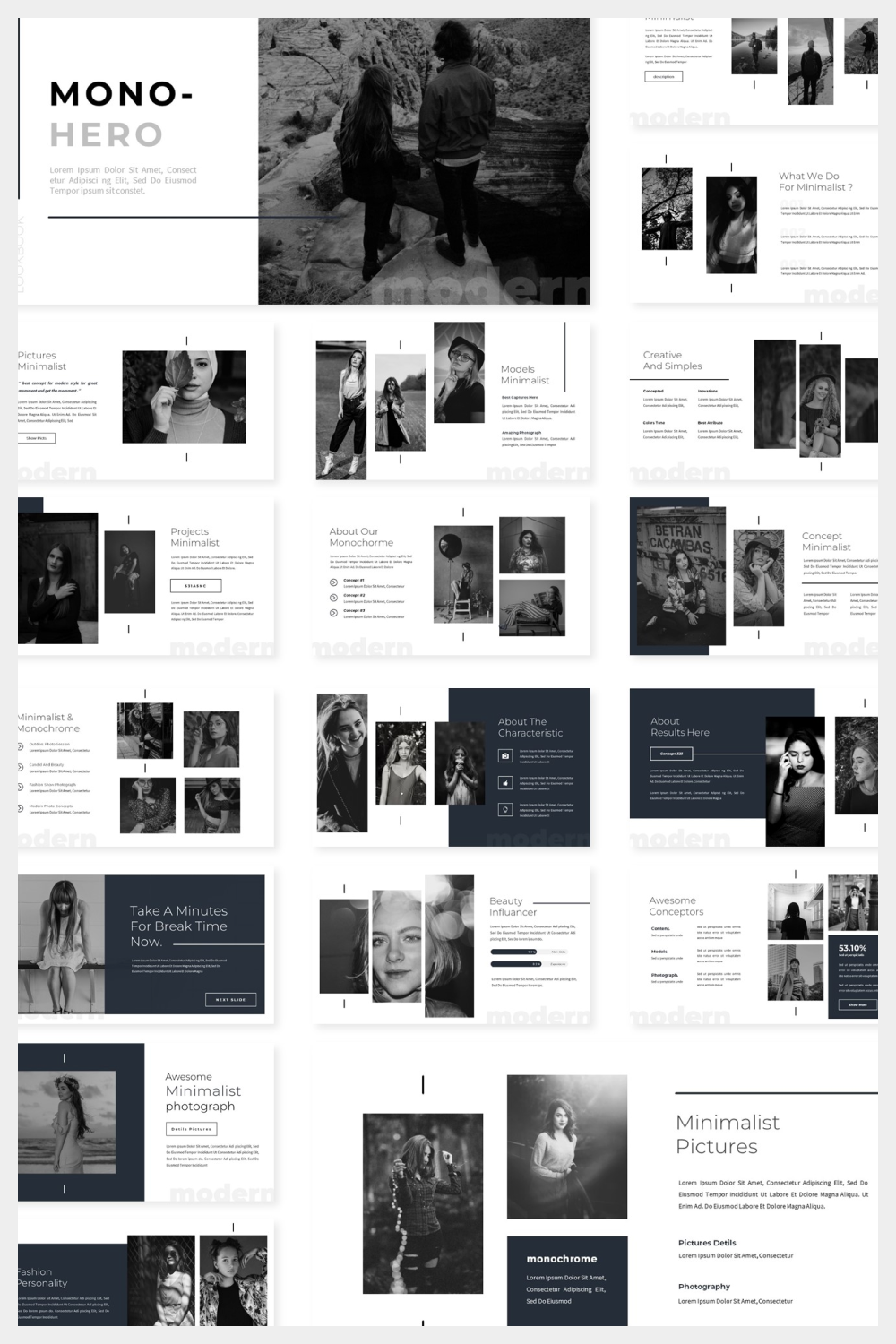 Collage of presentation pages with black and white photos.