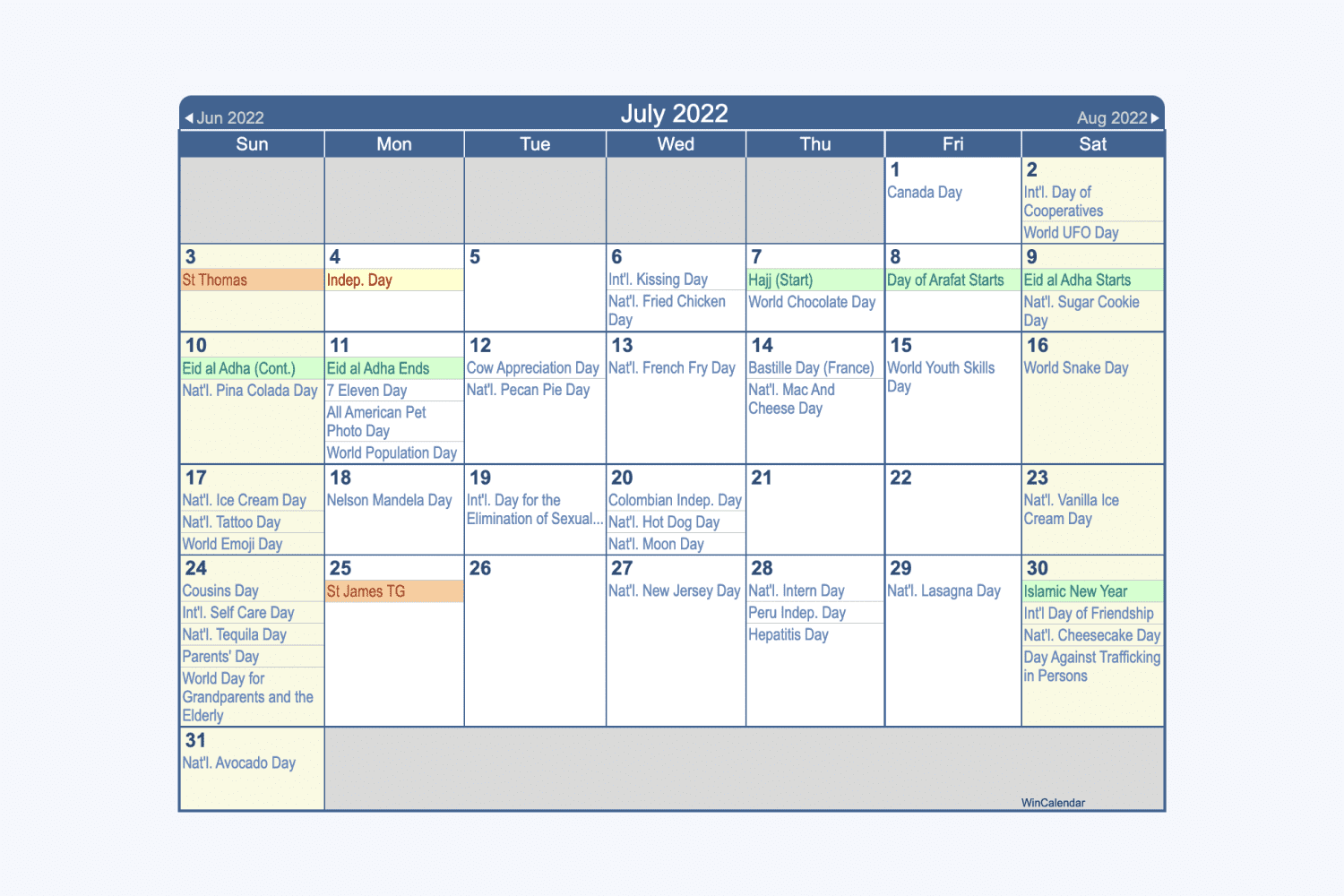 Calendar showing holidays in dates.