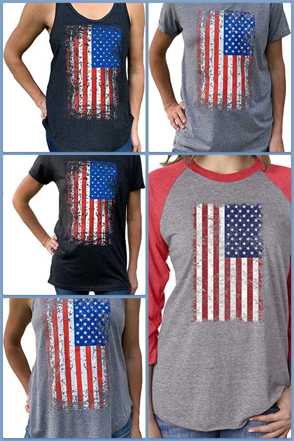 Collage of t-shirts and t-shirts with the American flag.