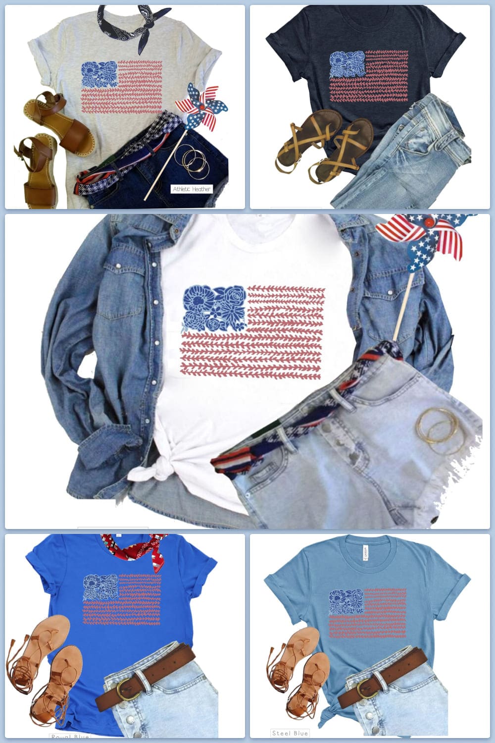 Collage of clothing sets with american flag.