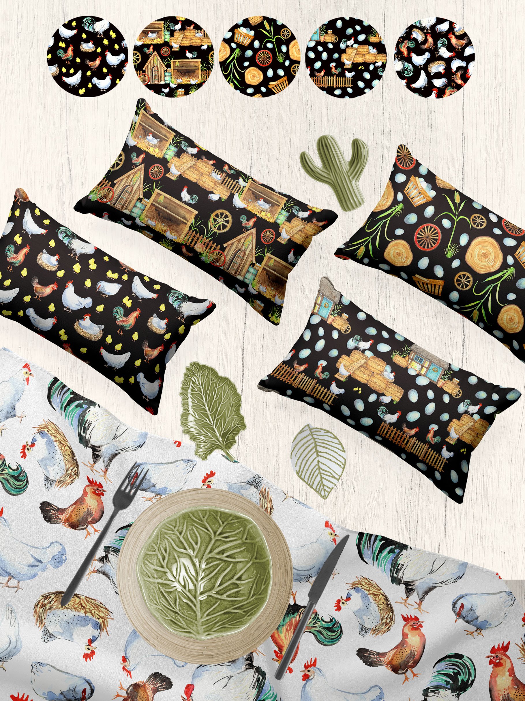 Some pillows with chicken prints.