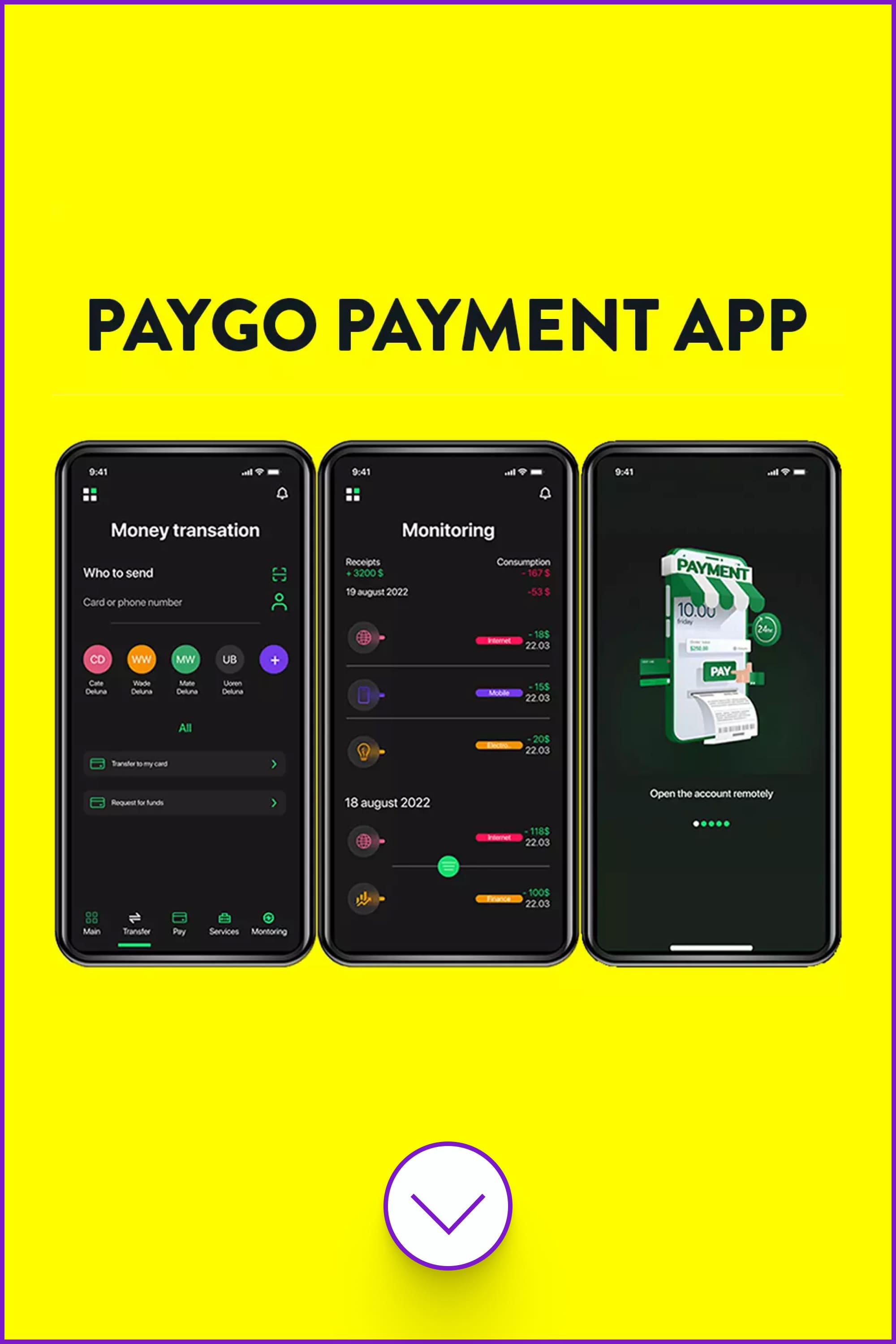 Screenshots of the payment system application in black color.