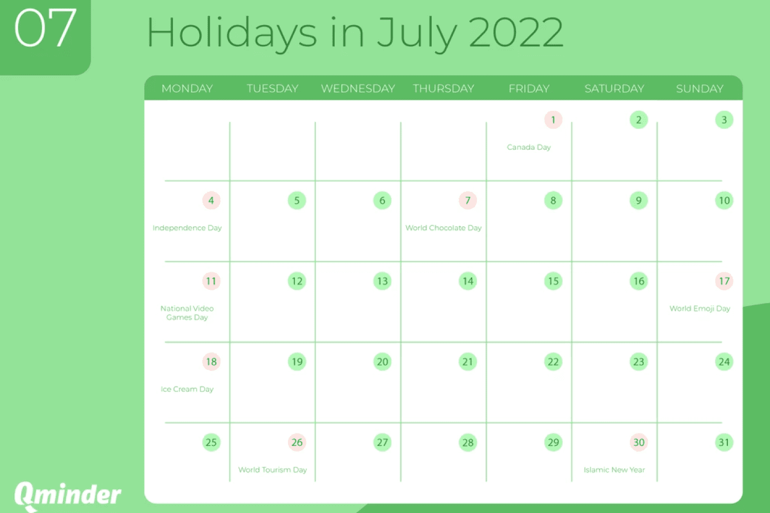 Calendar in green with reminders.