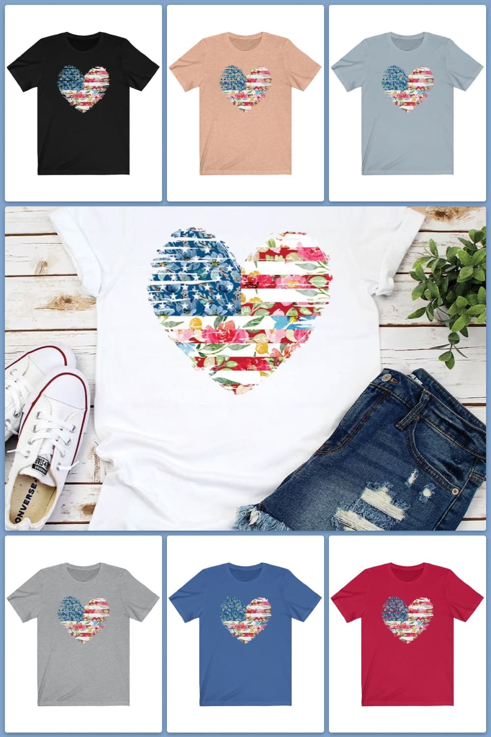 Collage of colorful t-shirts with the US flag in the form of a heart.