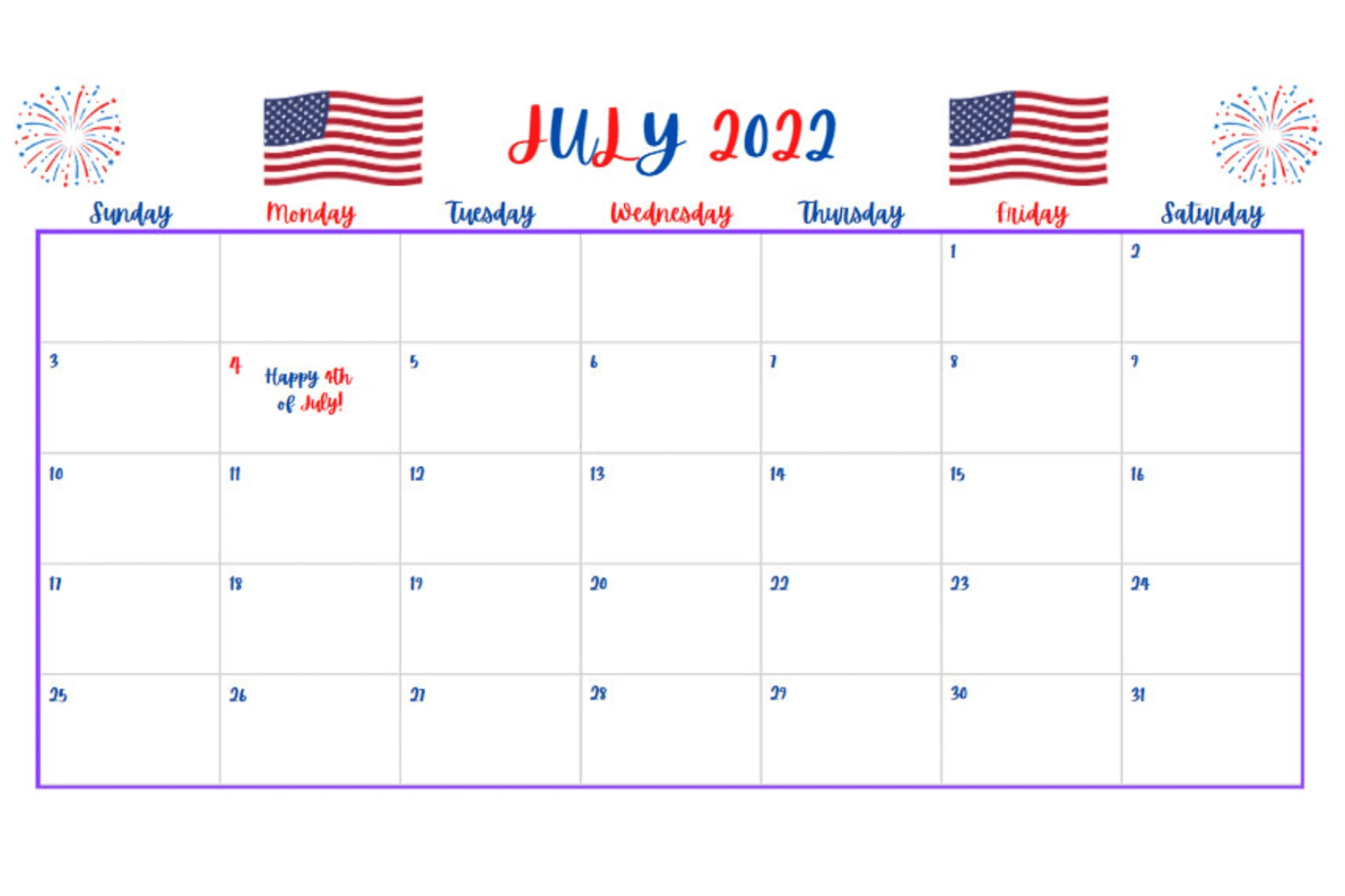 Holiday calendar in the colors of the American flag.