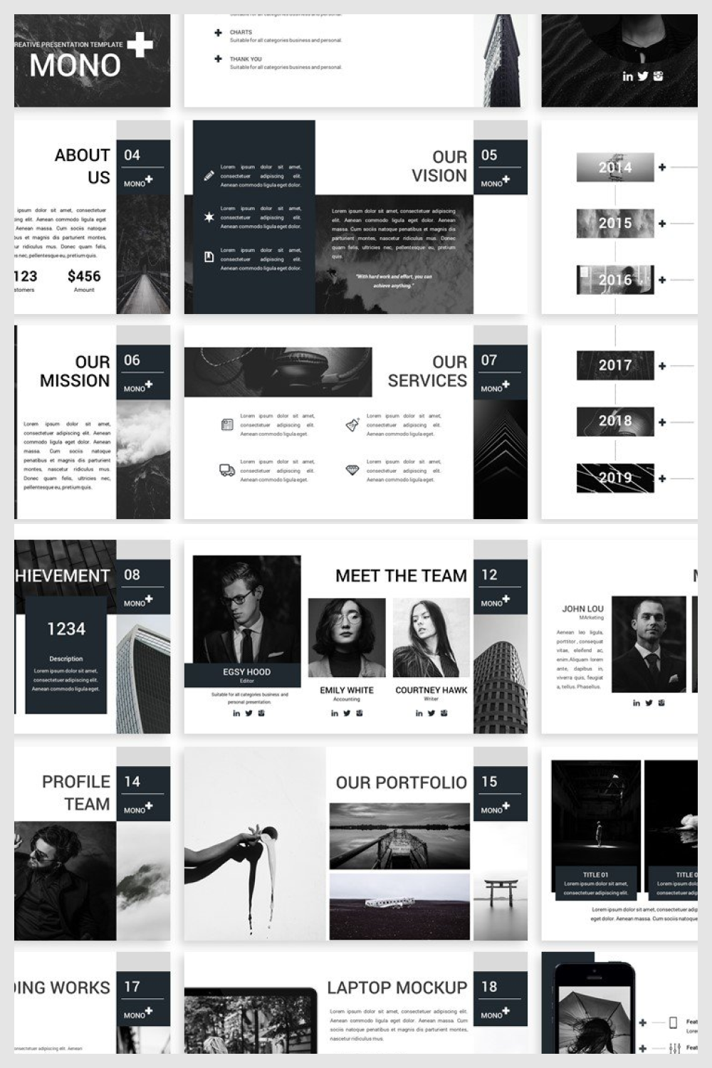 Lookbook pages in black and white style.