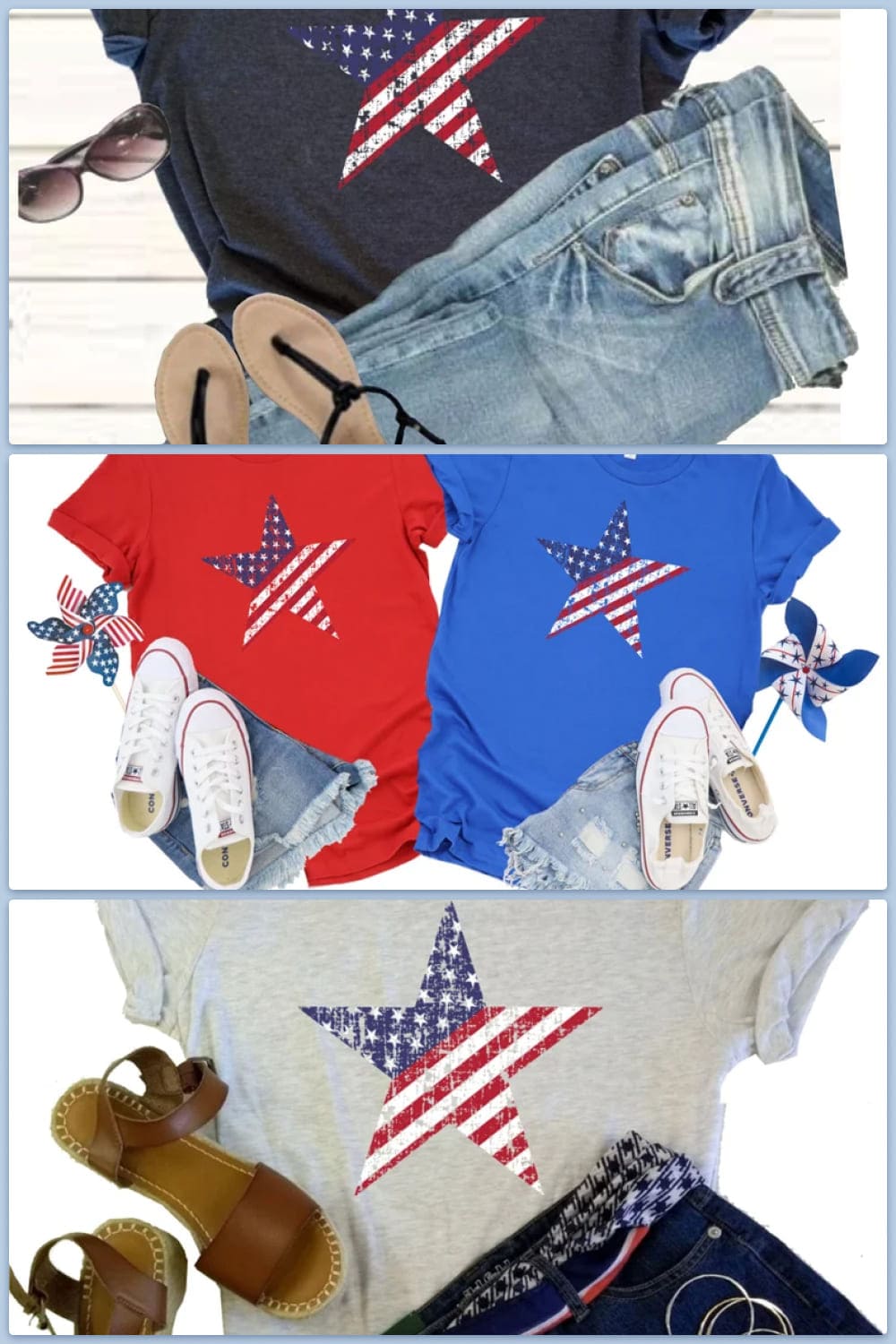 Collage of colorful t-shirts with the US flag in the form of a star.