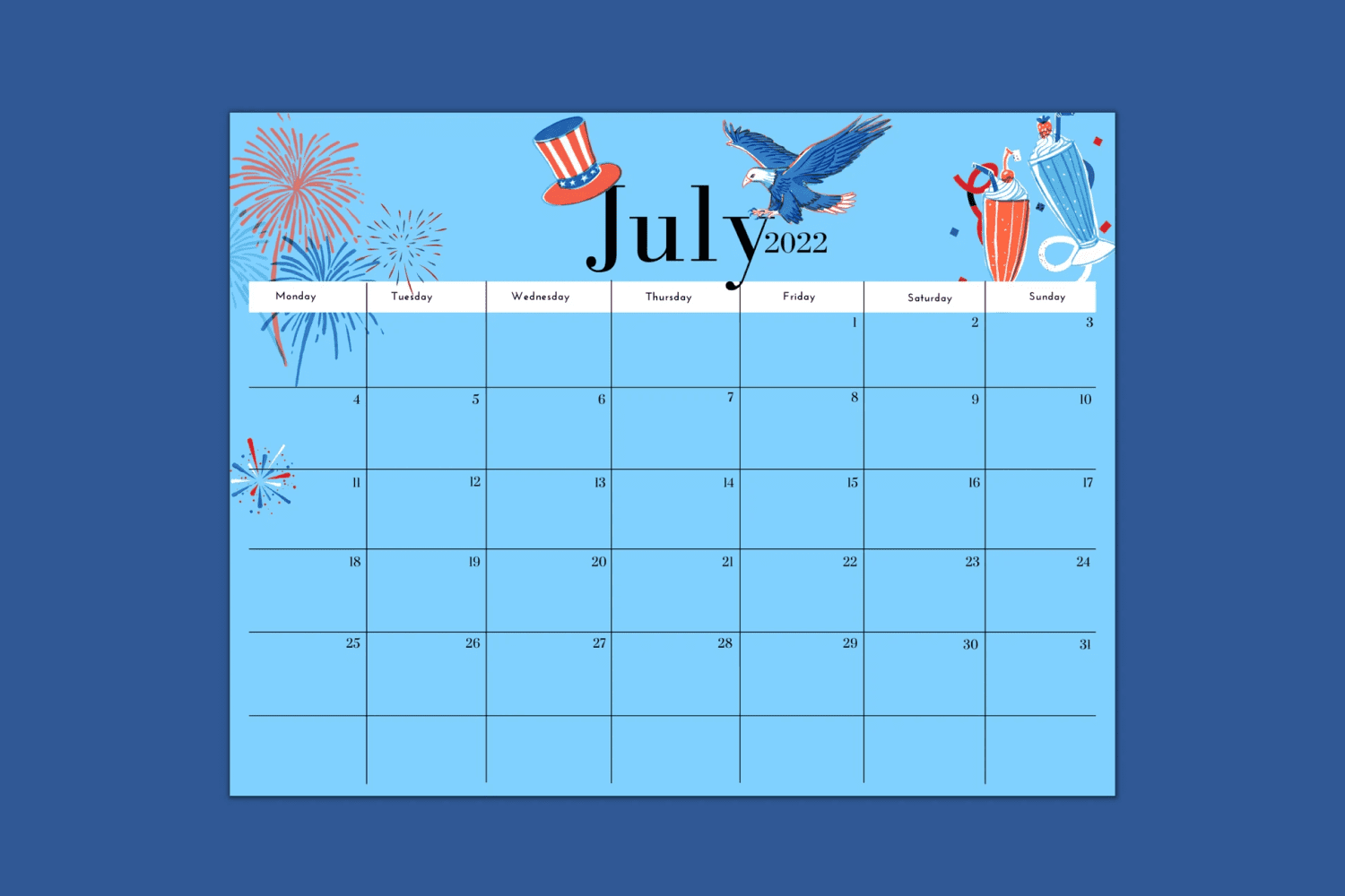 Blue calendar with US state symbols.