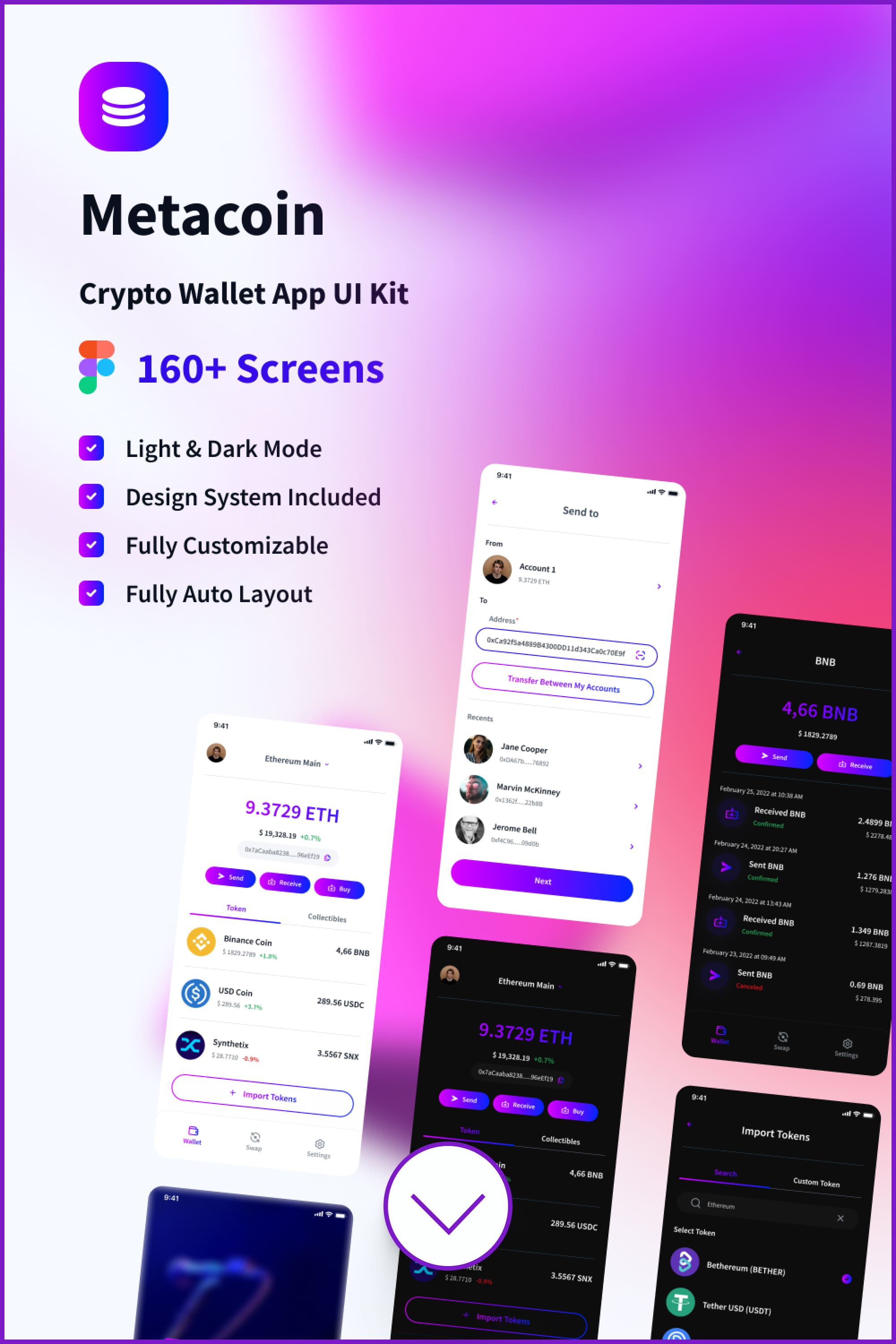 Screenshots of app for crypto in black and white colors.
