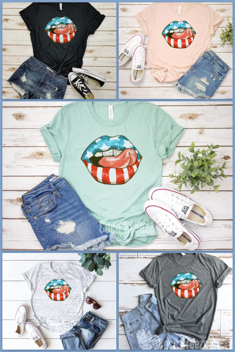 Collage of colorful t-shirts with the US flag in the shape of lips.