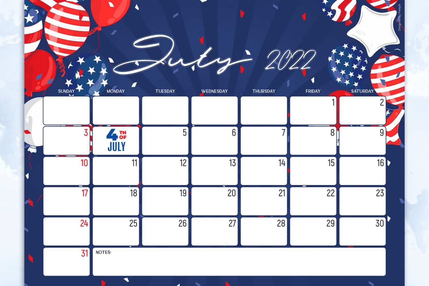 Bright calendar with balloons in the colors of the American flag.