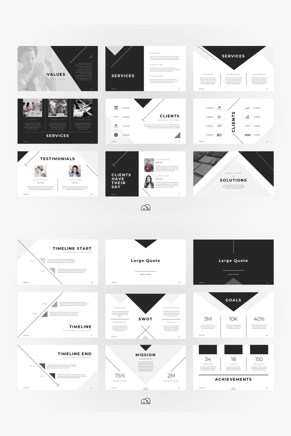 Collage of presentation pages in black and white with geometric patterns.