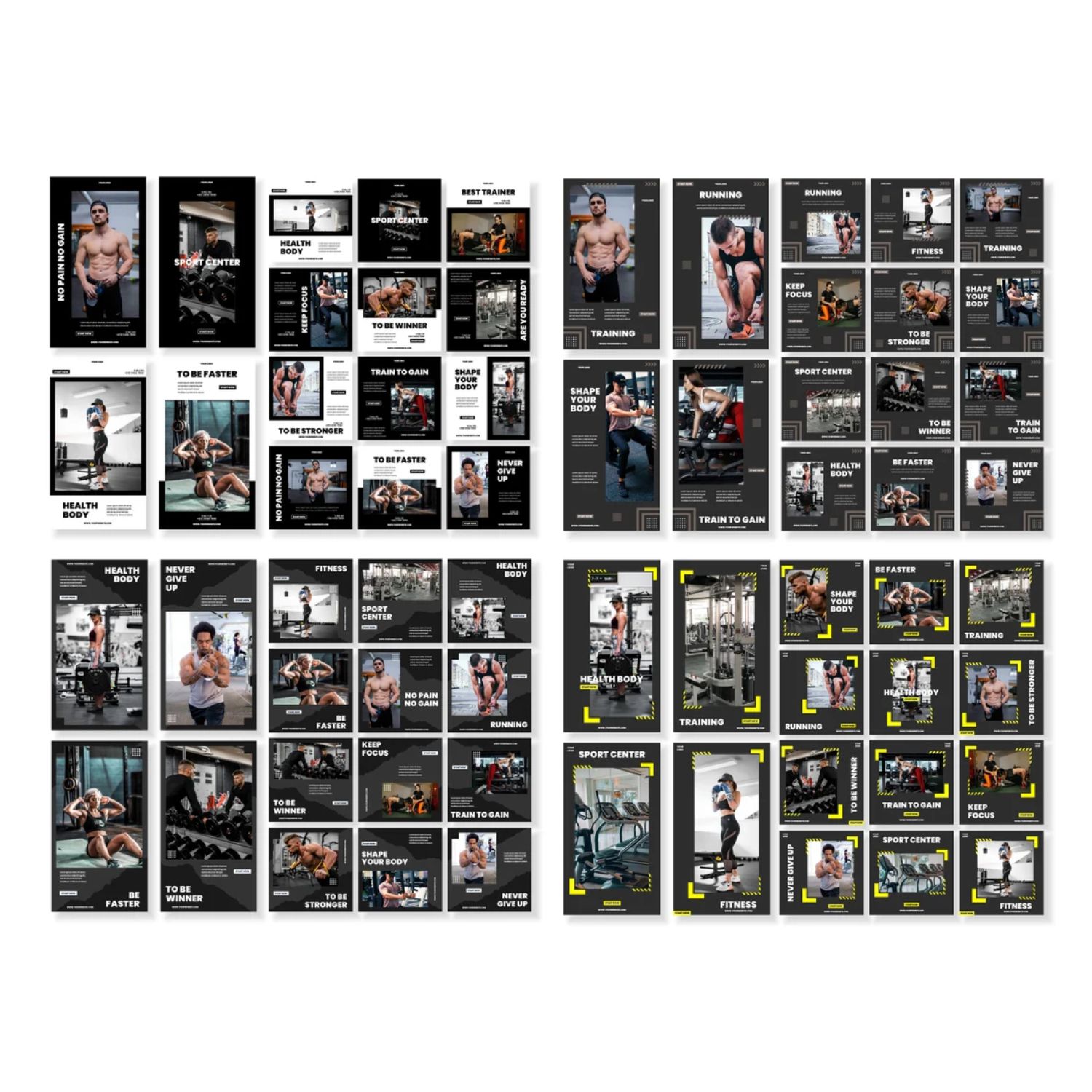 Social Media Bundle Template For Sport and Gym Black Style Previews.