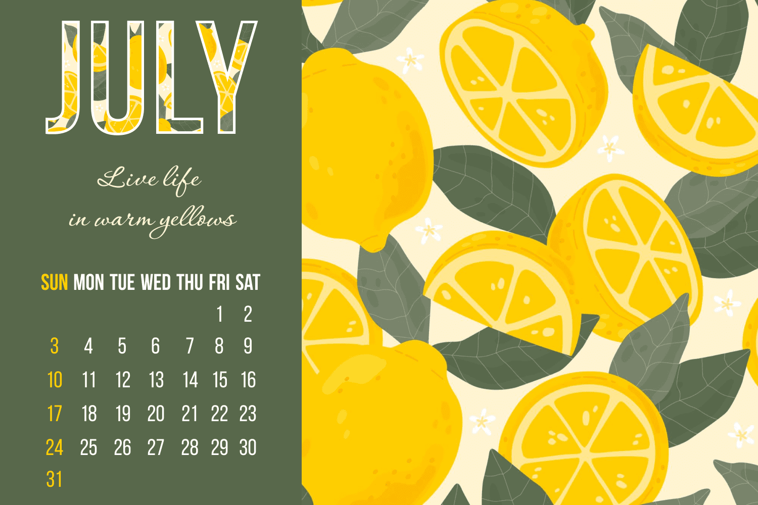 Calendar with drawn lemons and leaves.
