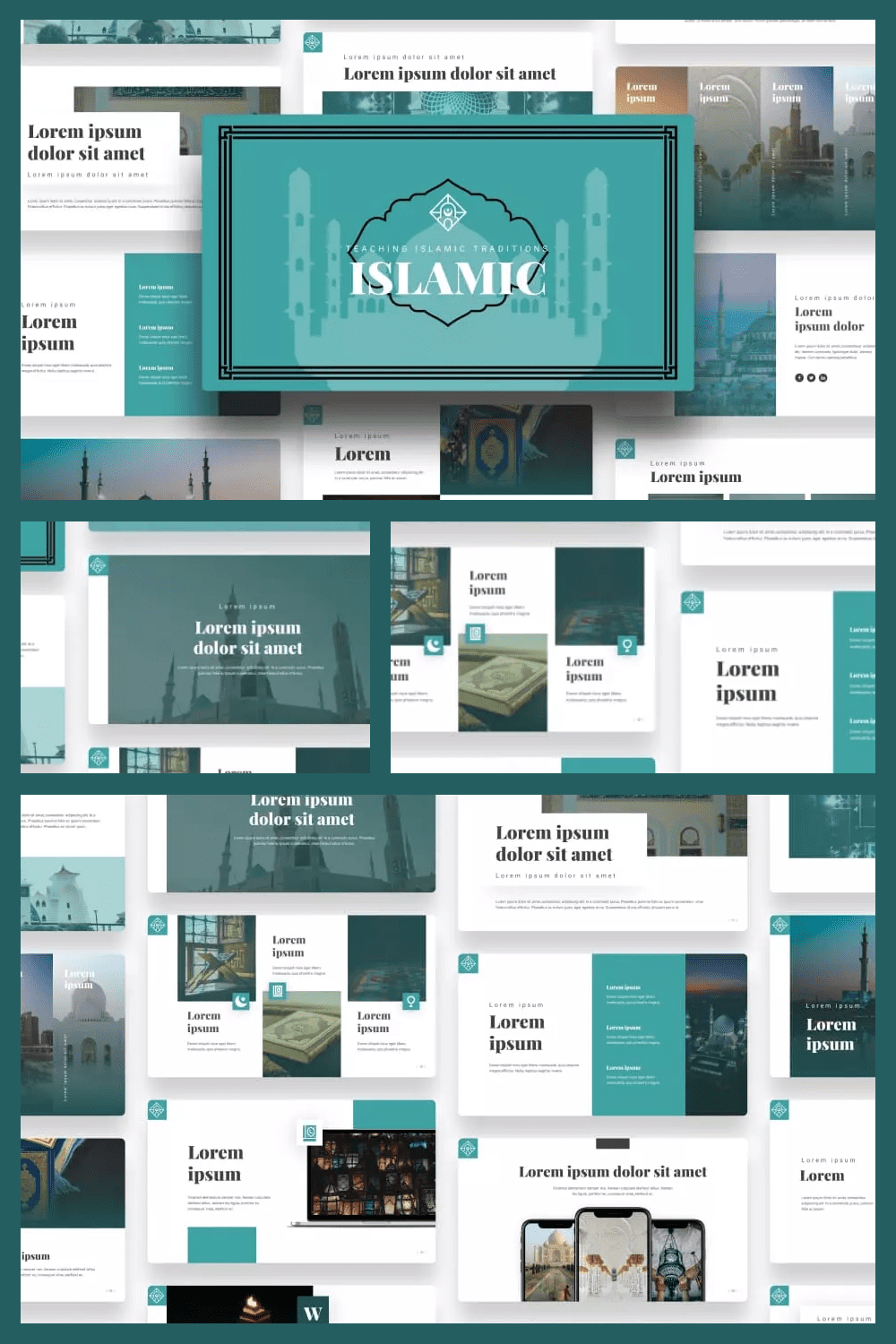 Collage of presentation pages in green colors on the theme of Islam.