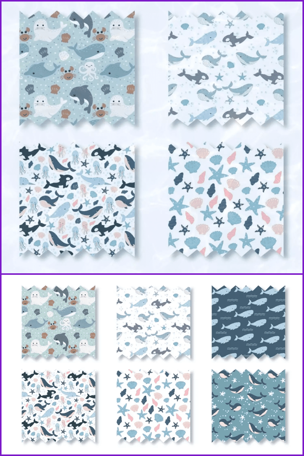 Seamless patterns in gentle colors on the marine theme.
