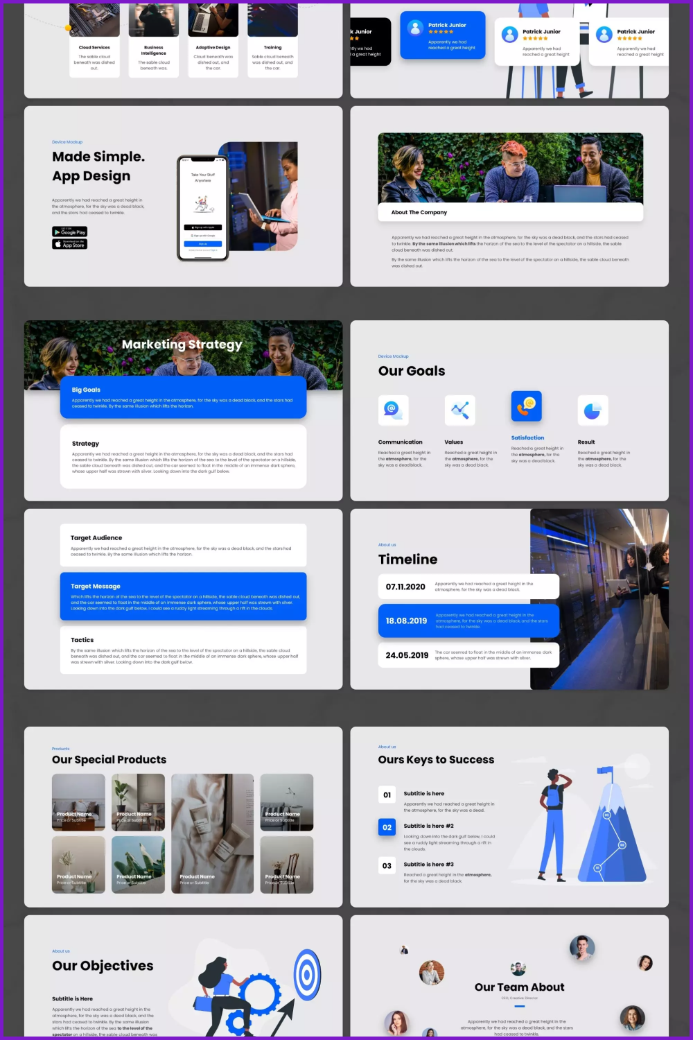 Collage of presentation pages with white and blue blocks