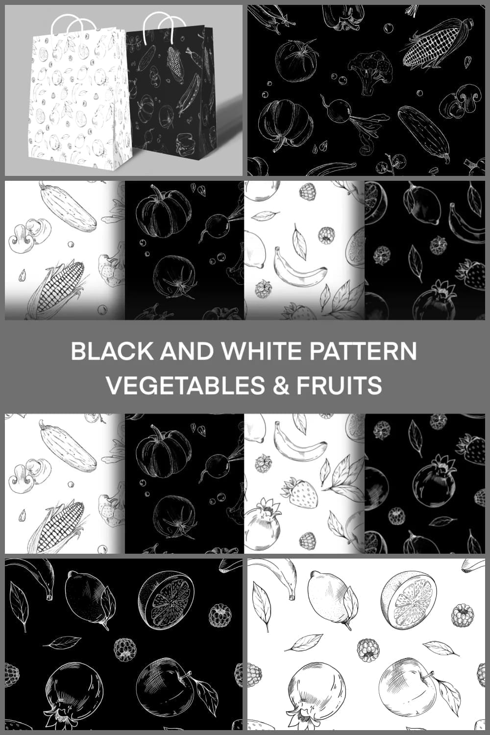 Collage of black and white images of fruits and vegetables.