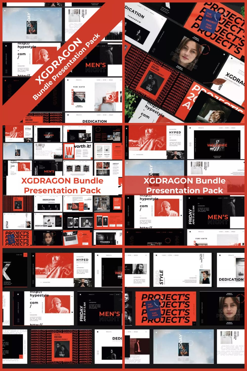 Collage of dozens of presentation pages in red, white and black.