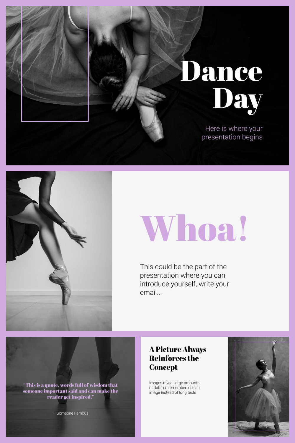 Presentation blocks with text and photos of ballerinas.