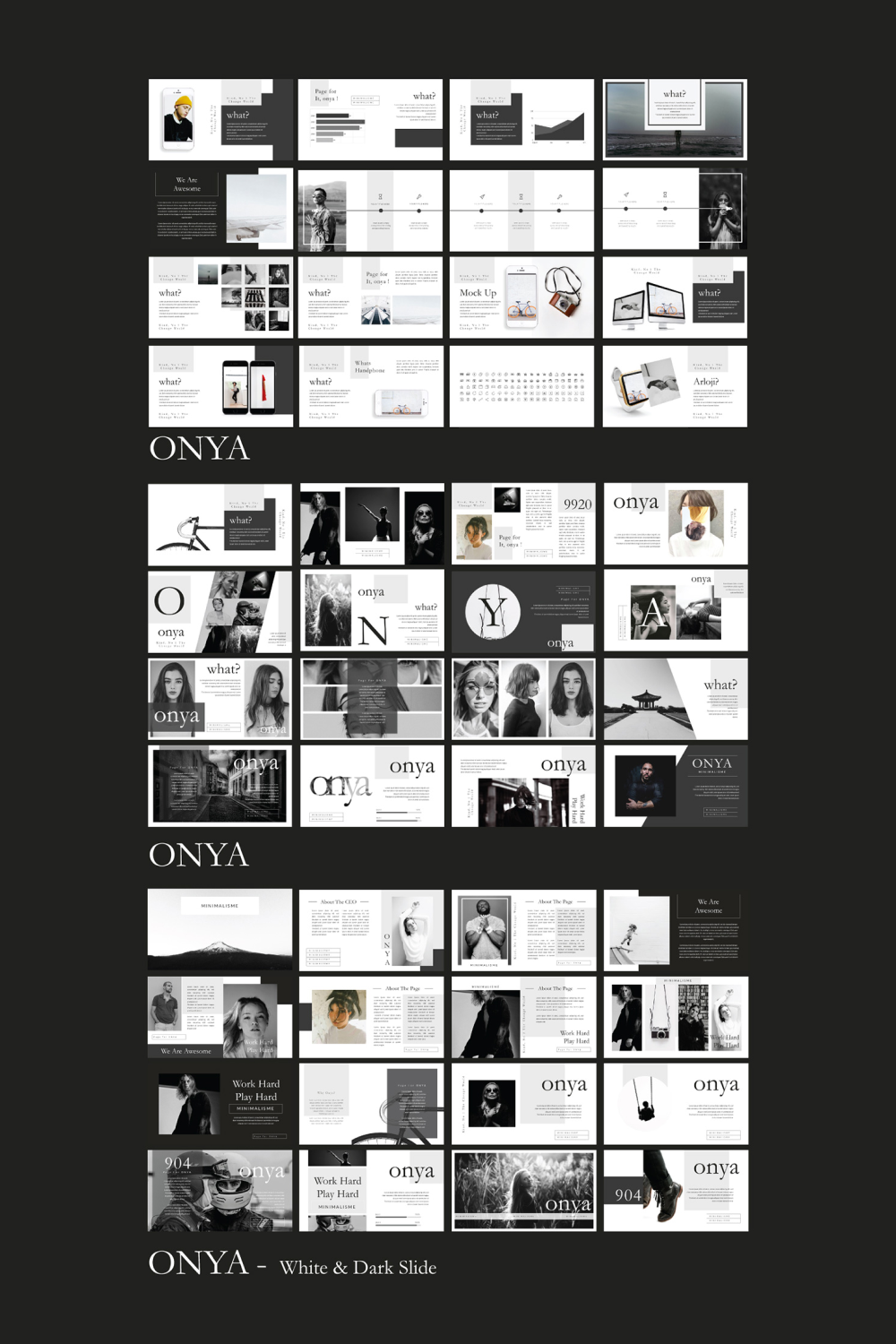 Collage of different versions of presentation pages in black and white.
