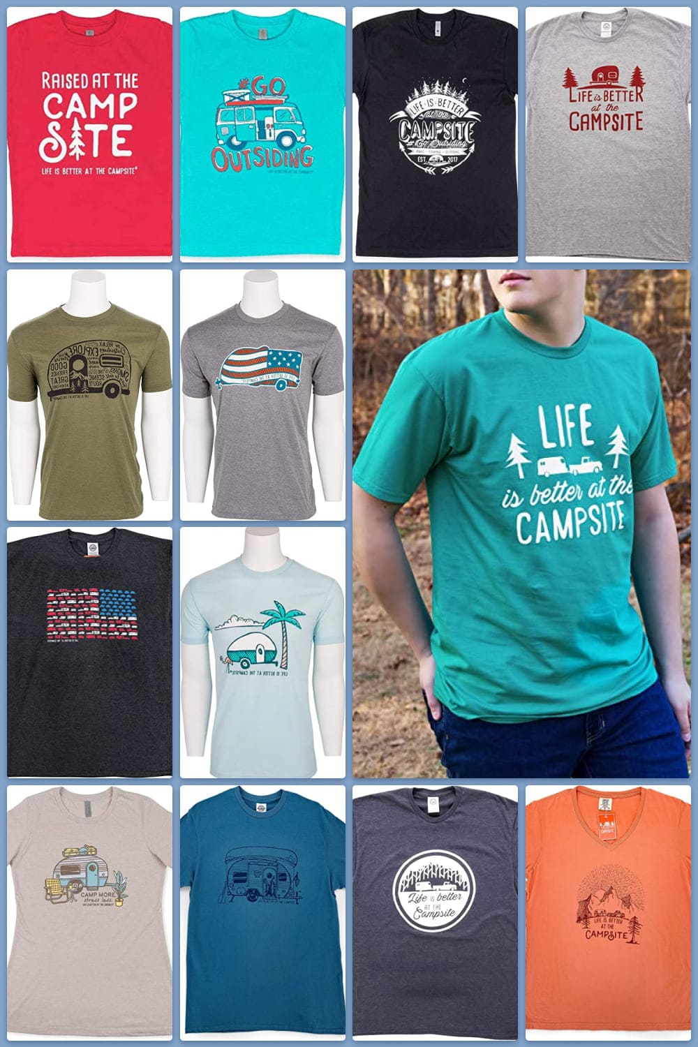 Collage of colorful t-shirts with funny camping slogans.