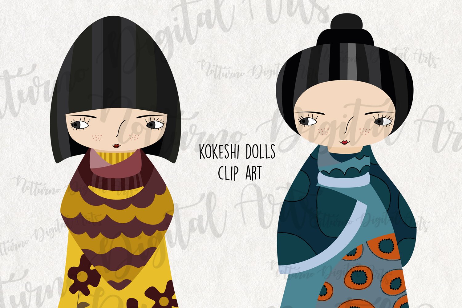 Kokeshi Dolls SVG in yellow and blue outfits.