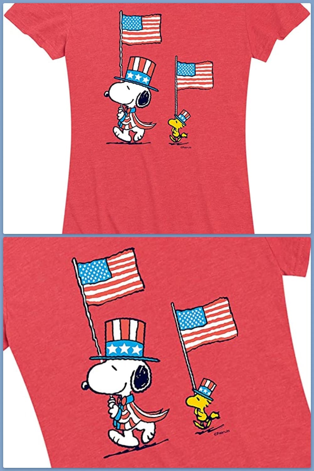 Red T-shirt with a Snoopy caring American flag.