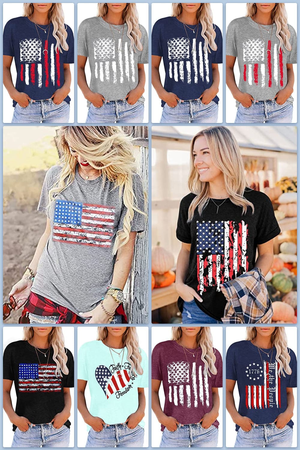 Collage of photos of girls in t-shirts with american flag.