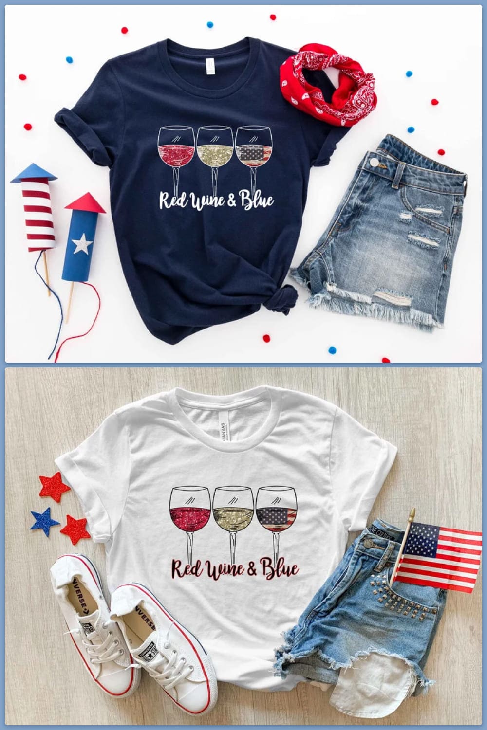 Clothing sets with glasses of wine on t-shirts.
