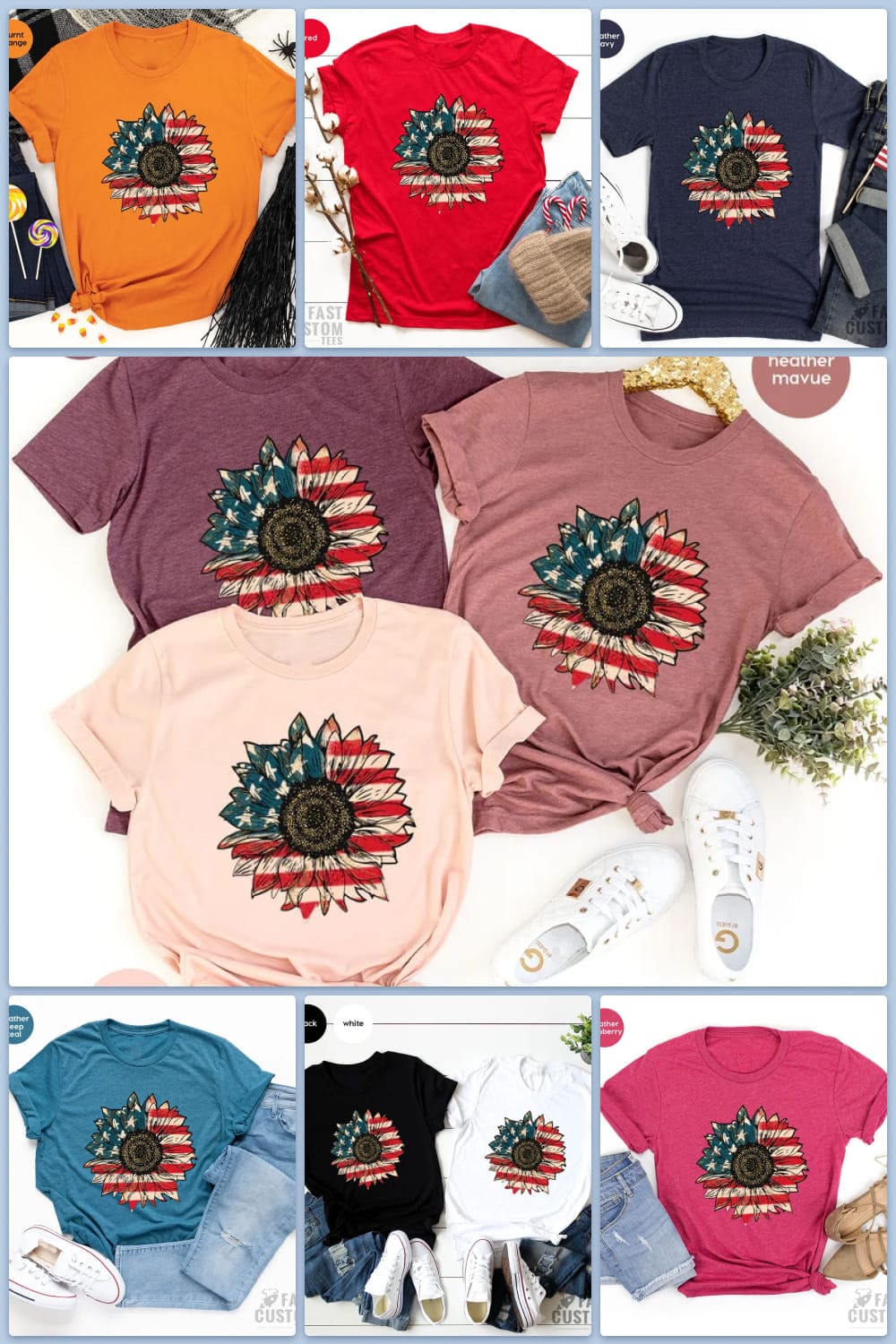 T-shirts with a sunflower painted in the style of the American flag.