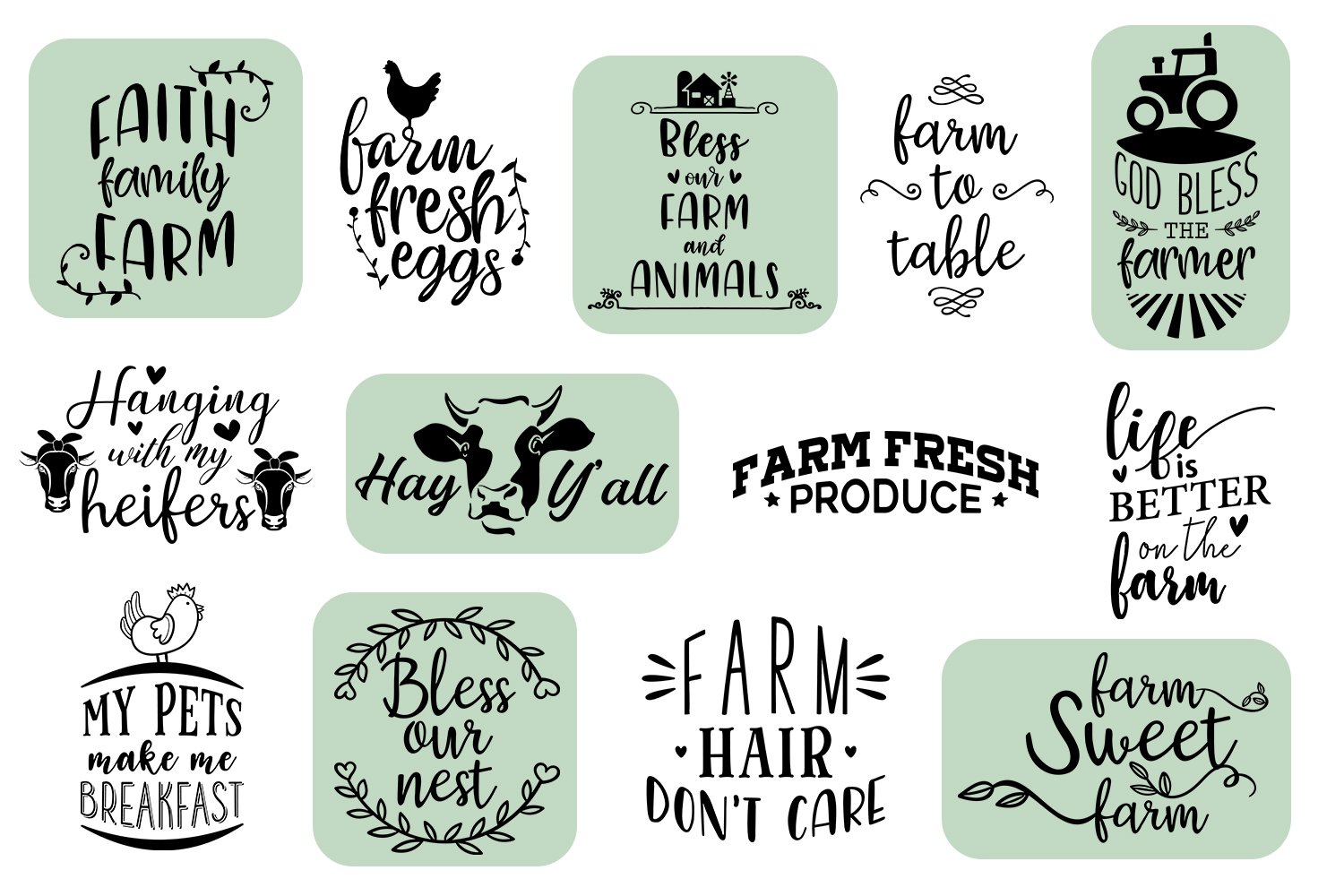 Set of six hand drawn farm quotes.