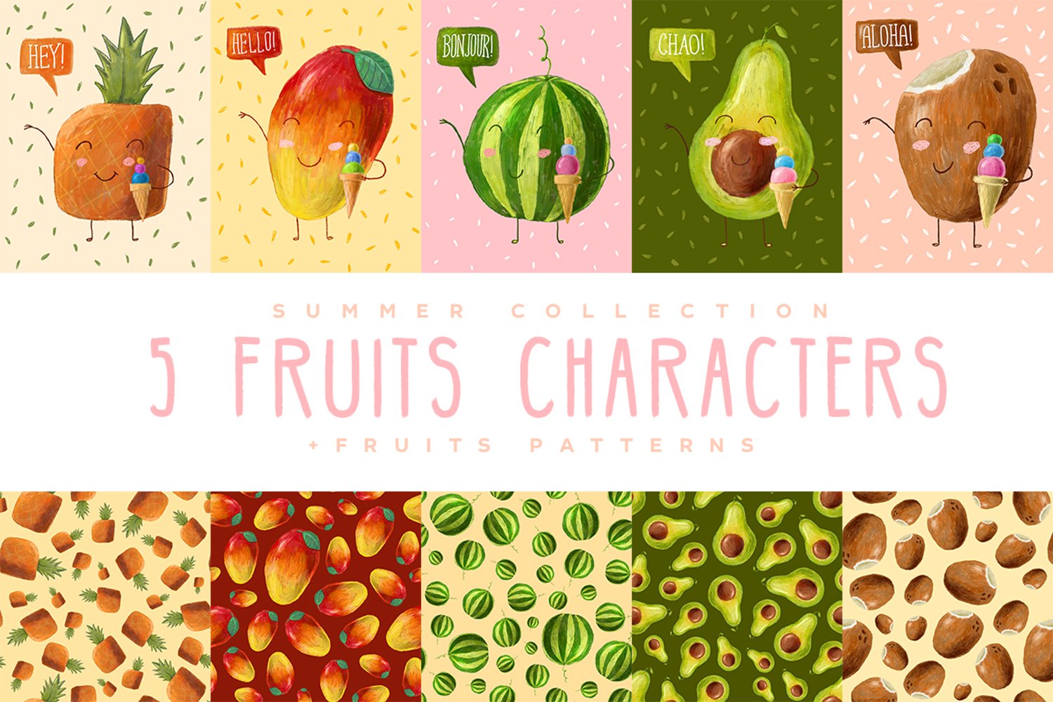 Cover image of Cute smiling fruit characters with ice-cream and patterns.