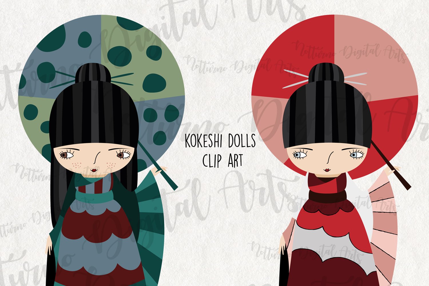 Kokeshi Dolls in green and red colors.