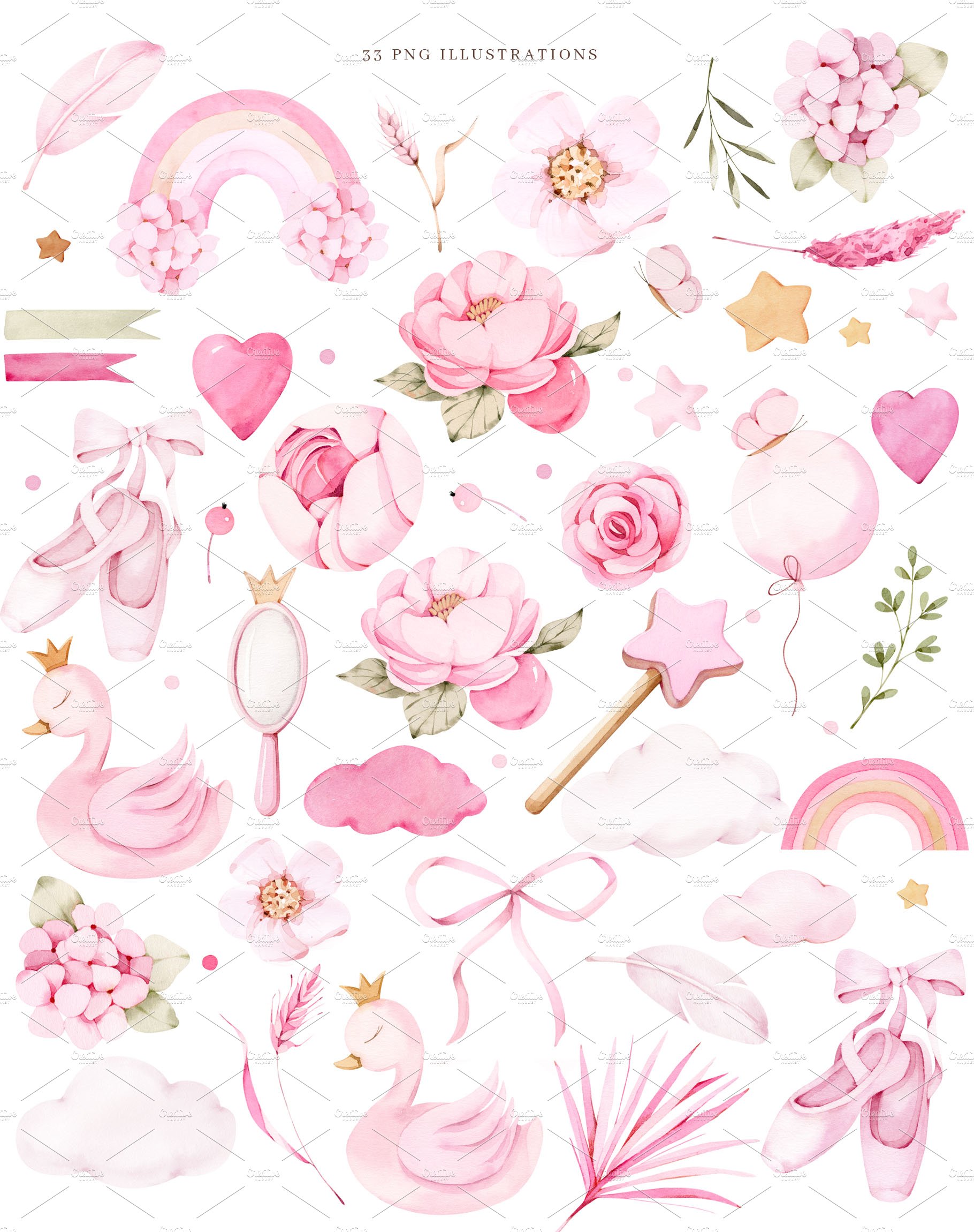 A lot of cute pink elements for creating delicate composition.