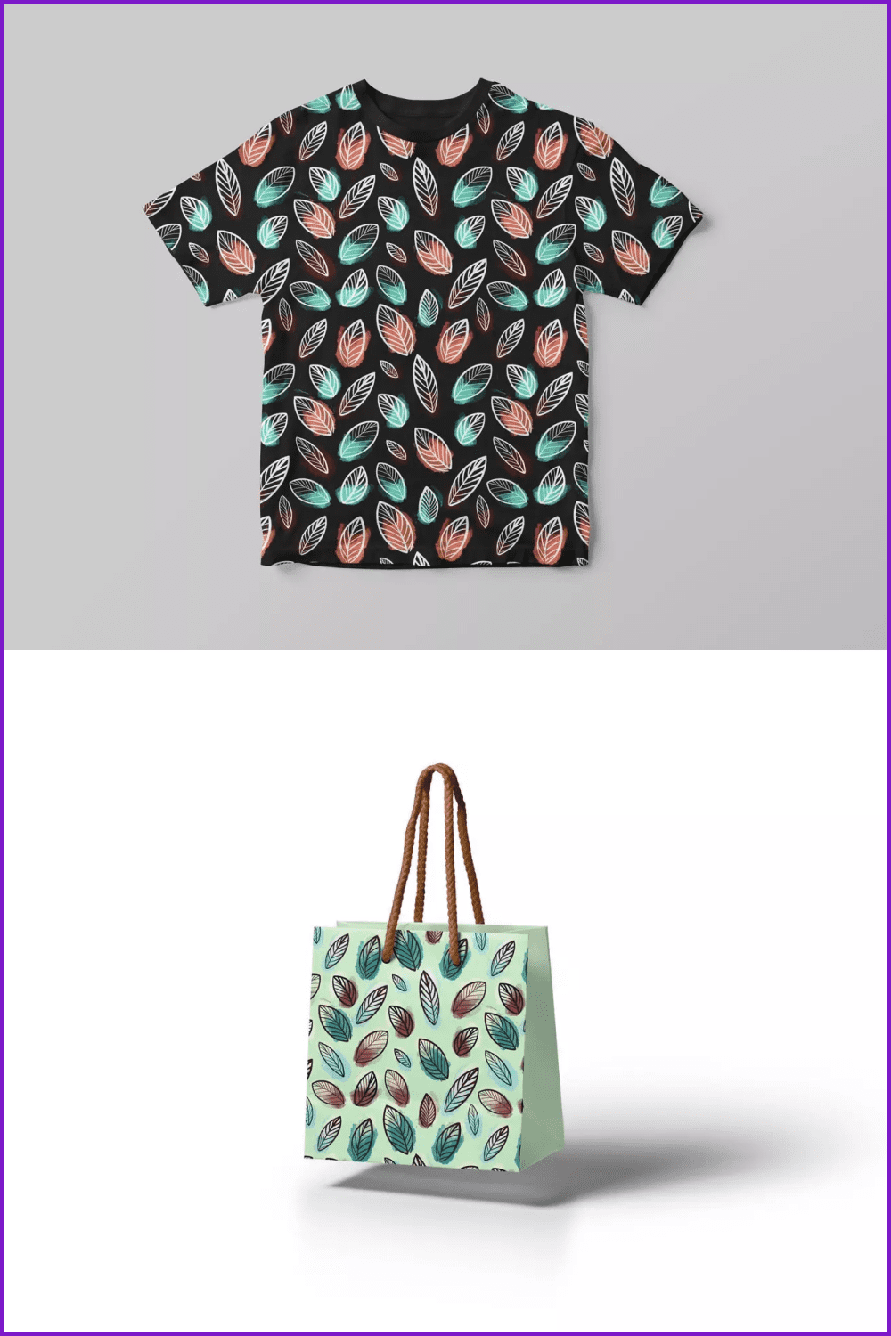 Black T-shirt and eco bag with leaves.