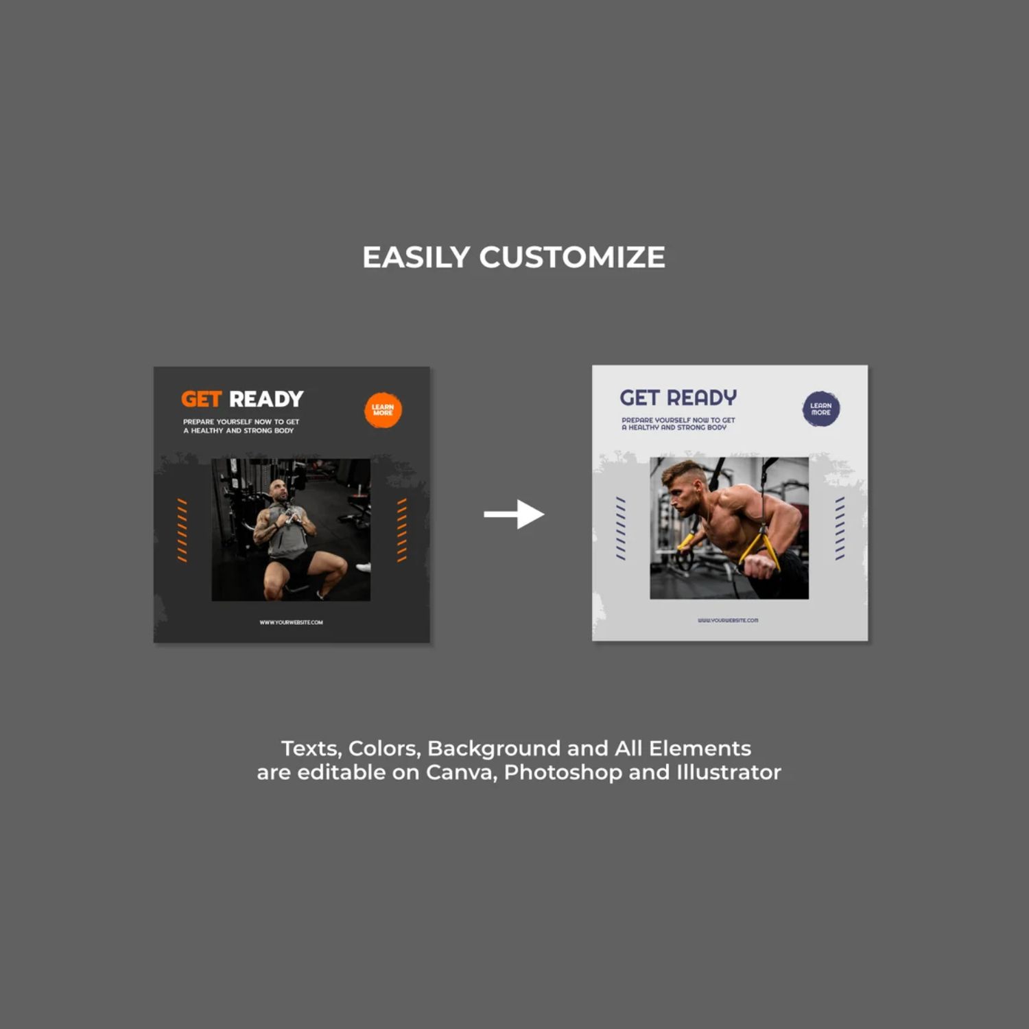 Home Fitness Story and Icon Social Media Template Canva Photoshop Illustrator Before And After.