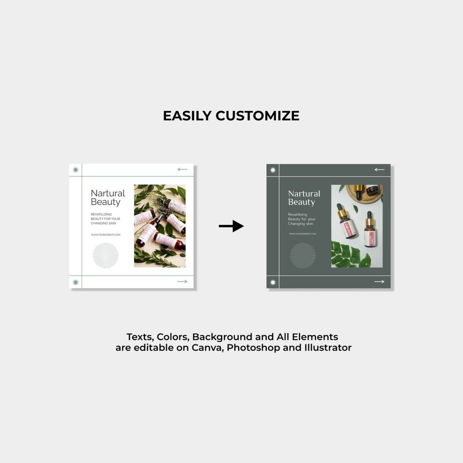 Natural Beauty And Skincare Instagram Marketing Templates Canva Photoshop Illustrator Before And After.