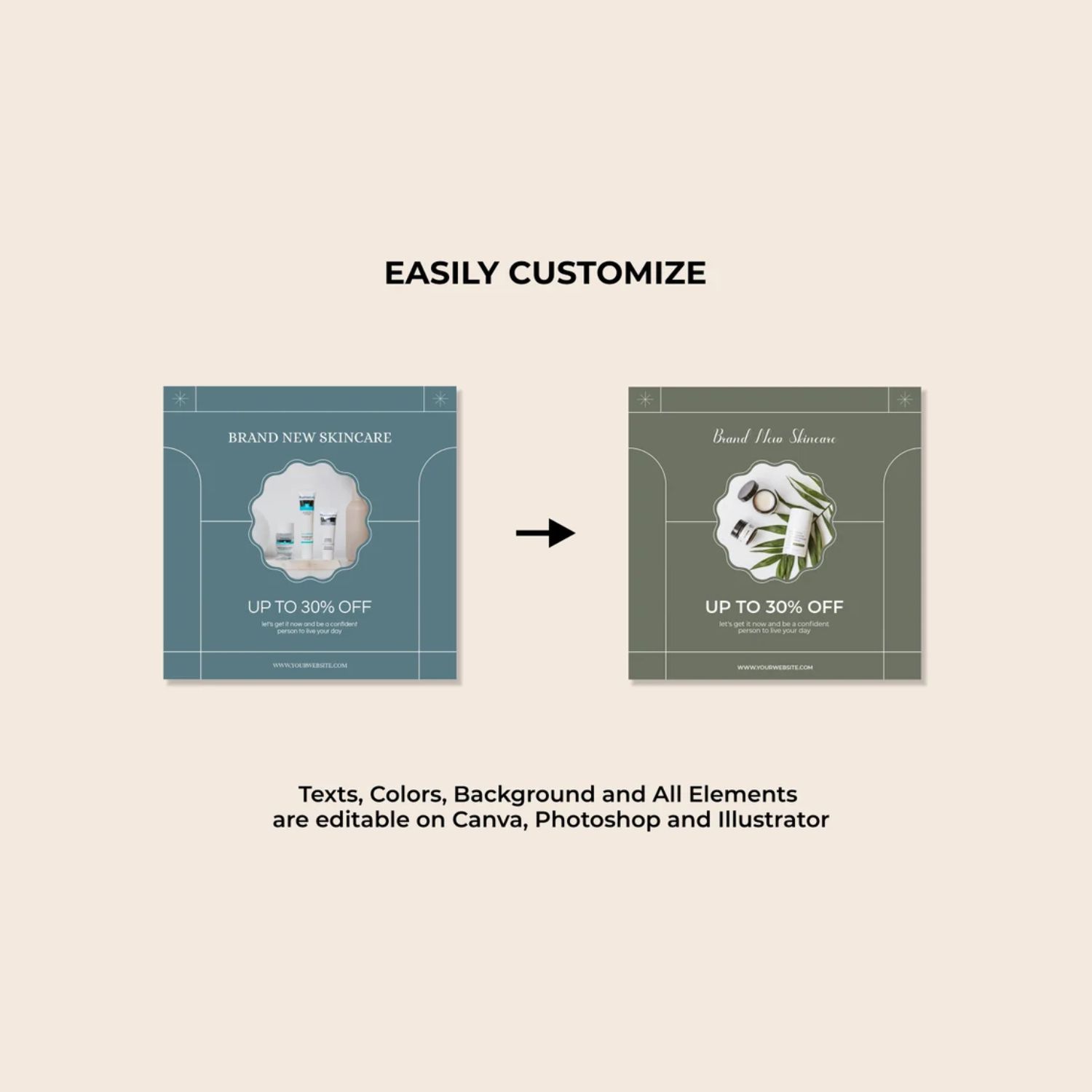 Natural Skincare Content Canva Template Story And Post Template Before And After.