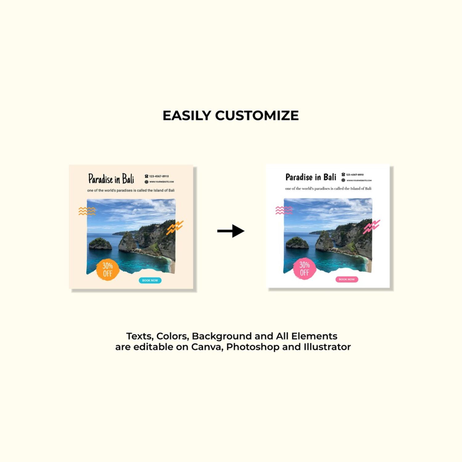 Holiday Vacation Tour and Travel Canva Template Story and Post Template Before And After Example.