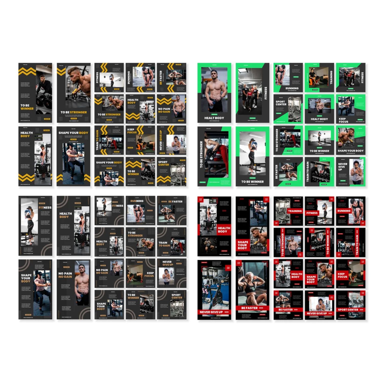 Social Media Bundle Template For Sport and Gym Dark Style Previews.