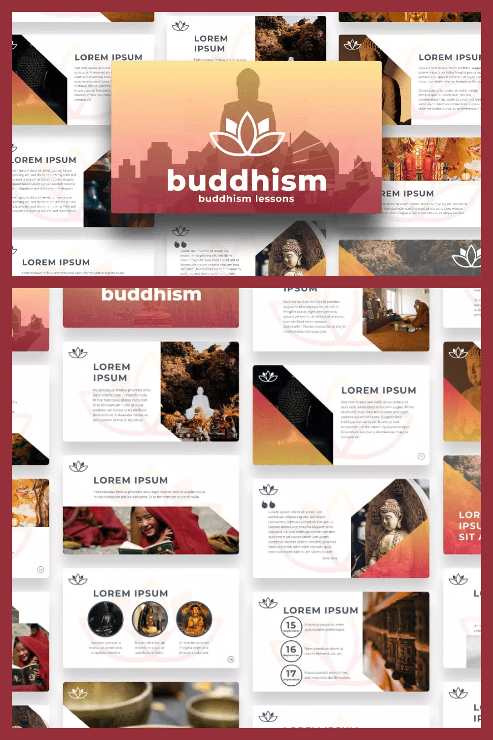 Presentation pages in yellow tones on the theme of Buddhism.