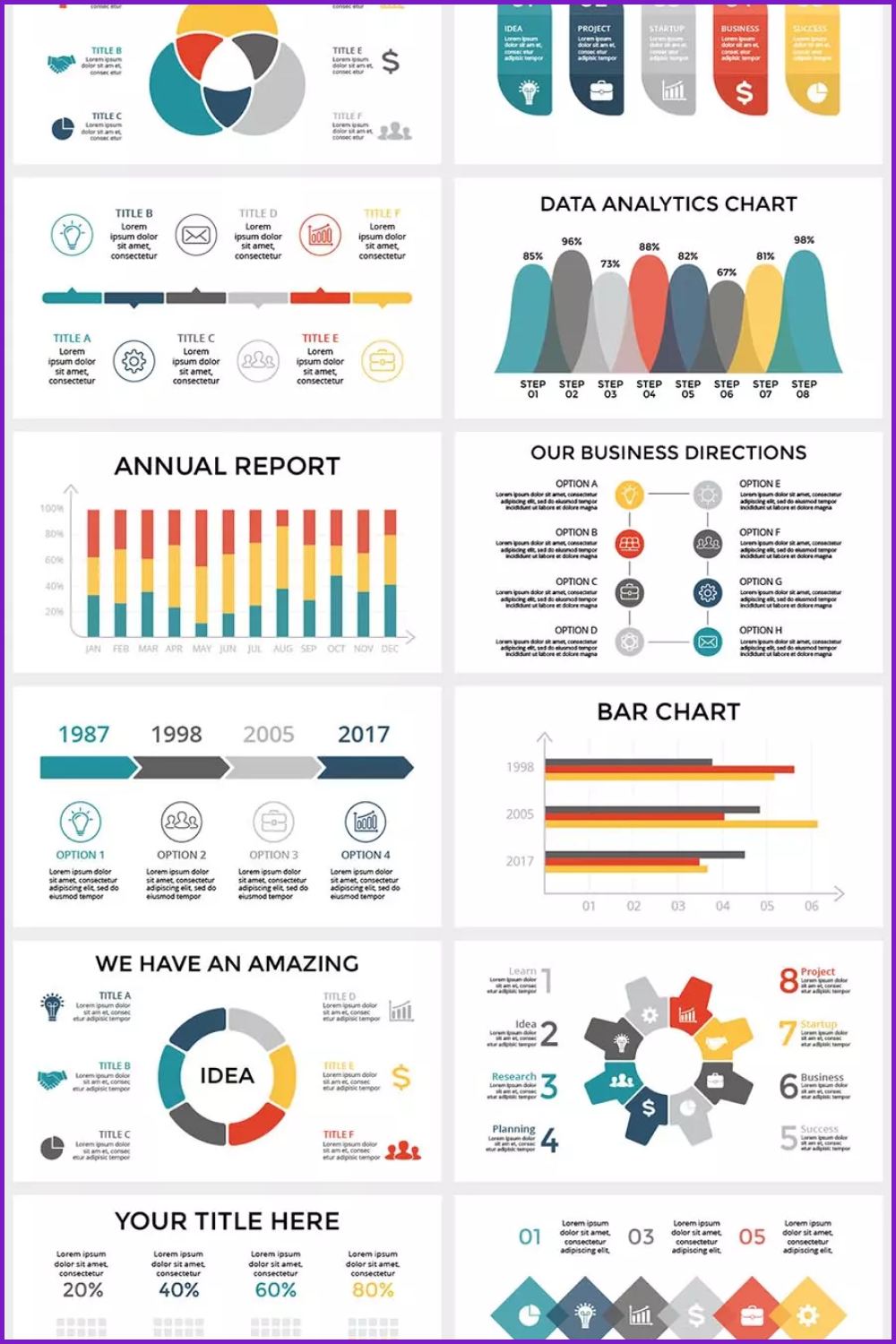 Collage of presentation pages with color infographics